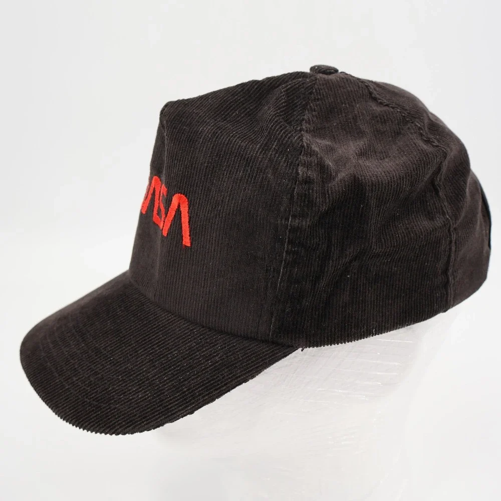 NASA Corduroy AB‎ Emblems Hat Mens OSFM Brown Red Worm Logo Snapback Vintage USA